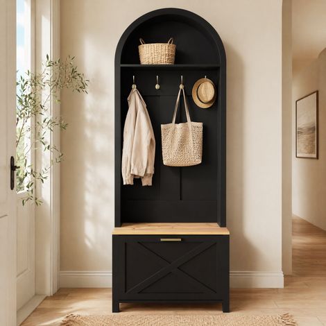 MEUBLIV Vestiaire d'entrée noir et bois avec étagère, crochets et rangement à chaussures (1/5)