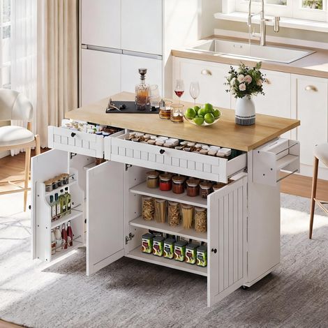 Îlot de cuisine blanc avec plan de travail rabattable en MDF (1/5)