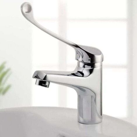Grifo de agua fría y caliente de cobre de grado médico, mango largo, para lavabo, de montaje en encimera, grifo táctil angular para fregadero, color plata.
