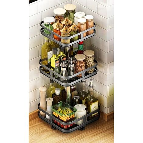 Etagère à épices rotative 3 niveaux – Support carré noir H 59 cm x L 24 cm – Barrières anti-chute – Conception modulable (1/5)