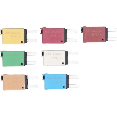 7-teiliges Set aus Stecksicherungen mit manueller Rückstellung (ATC/ATO-Flachsicherungen) für 32 V DC, 5 A, 7,5 A, 10 A und 15 A.