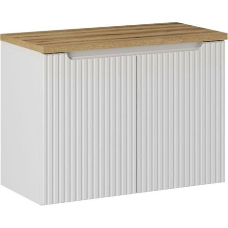 Badezimmer-Set VANO weiß 80cm: Unterschrank mit gerillten Schranktüren + Waschtischplatte in heller Eichenoptik
