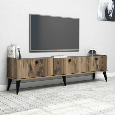 Meuble TV vintage 3 portes décor bois foncé et marbre UMEA (1/5)