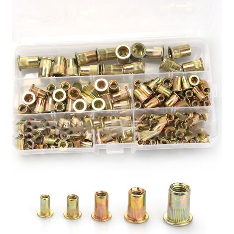 Packung mit 165 verschiedenen genieteten Muttern, Flachkopf, verzinkt, mit Gewindeeinsätzen M3, M4, M5, M6 und M8 (1/3)