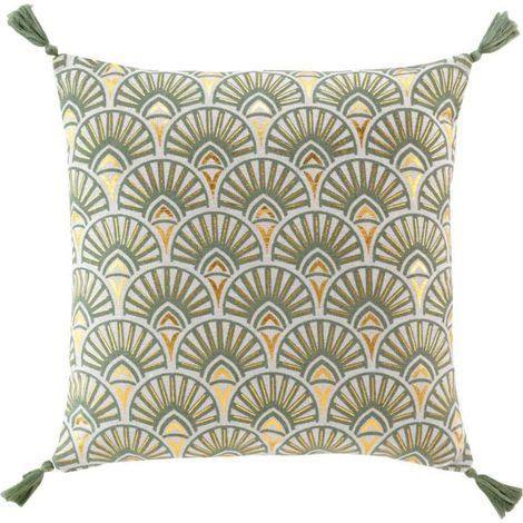 Coussin Déco Pompons "Icare" 45x45cm Vert (1/5)