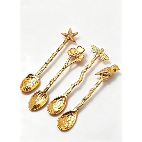 Lot de 4 cuillères décoratives dorées à motifs naturels (étoile de mer, fleur, libellule, oiseau), cuillères à dessert et café pour table festive