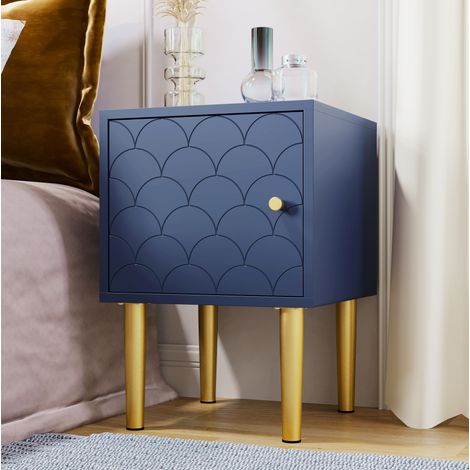 Table de chevet 35x35x51 cm avec motif écailles de poisson, bleu marine (1/5)