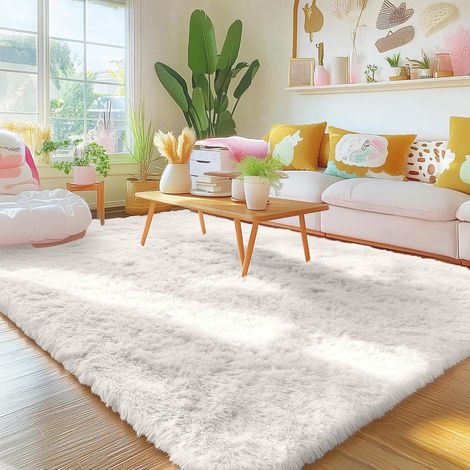 Tapis Moelleux à Poils Longs - Dessous antidérapant - Lavable - pour Le Salon, la Chambre d'enfant, la Chambre à Coucher - 120 x 160 cm, Ivoire (1/5)