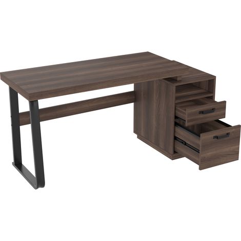 Scrivania moderna minimalista 135 x 54 cm in MDF e acciaio con cassetto e ripiano, marrone (1/5)