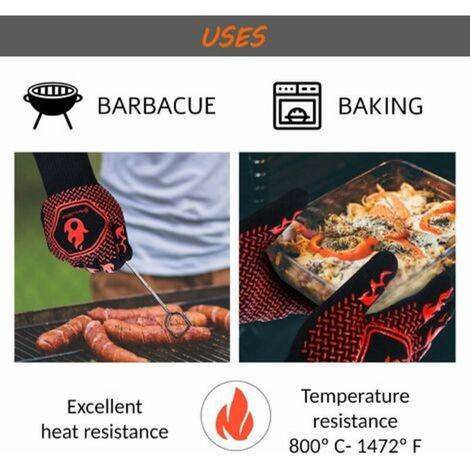 Guanti da forno resistenti al calore, guanti da camino anti-fuoco, resistenza fino a 800°C, protezione termica, barbecue, 32 cm (1/3)