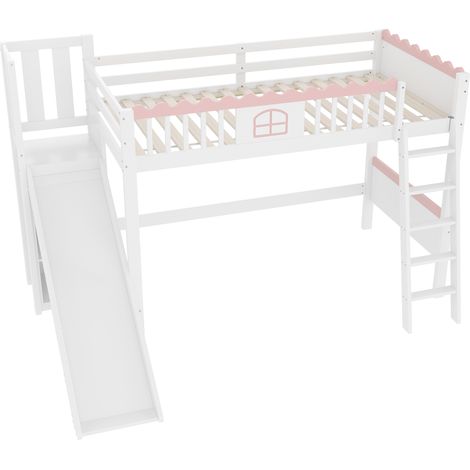 Lit mezzanine enfant 90x200 cm en pin et MDF blanc avec LED, étagères et toboggan (1/5)