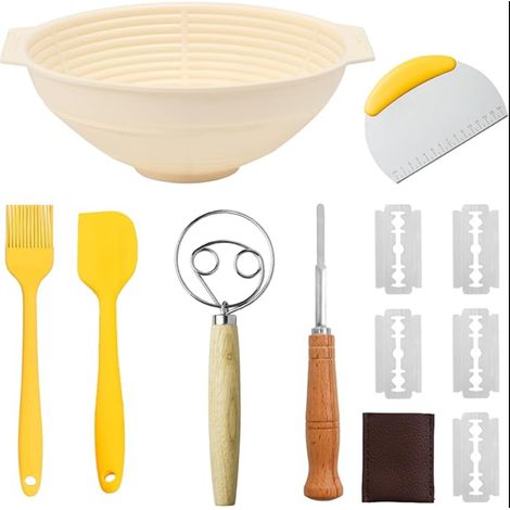 Set de corbeilles à pain en silicone – Kit de démarrage pour levain comprenant une spatule, un couteau à croûte et torchon panier fermentation pliable et hygiénique (1/5)
