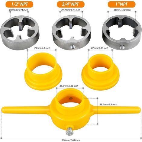 Attrezzo per filettatura PVC, filettatore per tubi, kit di attrezzi idraulici, filiere rotonde da 3 1/2 pollici, 3/4 di pollice e 1 pollice, set da 6 pezzi NPT (1/3)