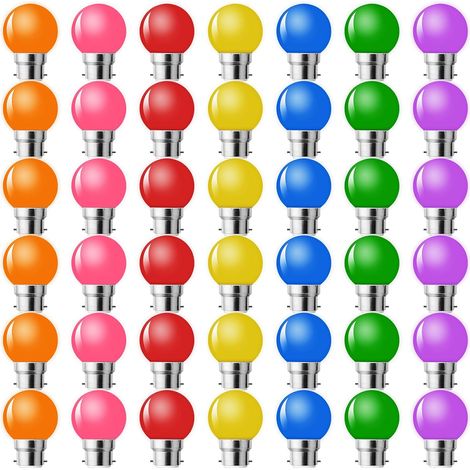 Lot de 42 Ampoule LED Couleur B22 Baïonnette,Ampoule Guirlande Exterieure,Ampoules B22 LED 2W G45,Équivalent 10W,Rouge Jaune Bleu Vert Orange Rose Violet,Pour Chaîne,Veilleuses De Fête (1/5)