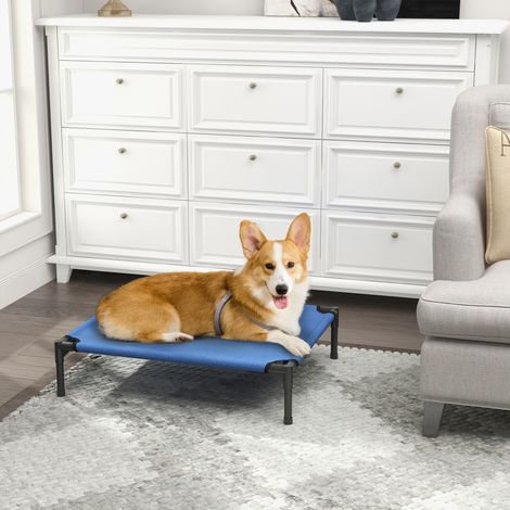 Faltbares Hundebett für drinnen und draußen, erhöhtes Hundebett, Hundehütte aus Metall und Oxford-Gewebe, 76 x 61 x 18 cm, Blau