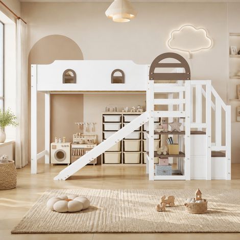 Cama alta infantil 90 x 200 cm con tobogán y escalera con almacenaje, blanco y marrón OKMYHOME (1/5)