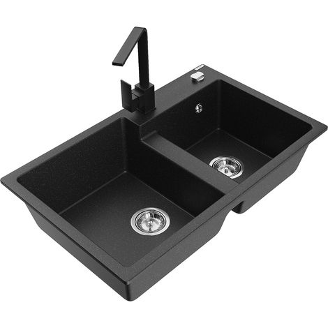 Mexen Tomas Granitspüle 2-Kammer mit Küchenarmatur Rita, schwarz/silber metallic - 6516-73-670300-70 (1/5)