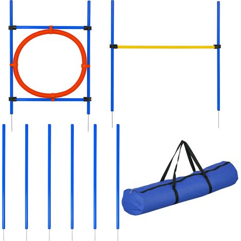 Agility sport pour chiens équipement complet : poteaux slalom, obstacle, anneau + sac de transport bleu jaune rouge