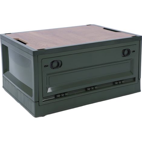 Grande caisse de rangement camping repliable avec couvercle bois polyvalente empilable mobile transportable 52L vert OD pour intérieur extérieur avec cadre et 4 roues PP MDF (1/5)