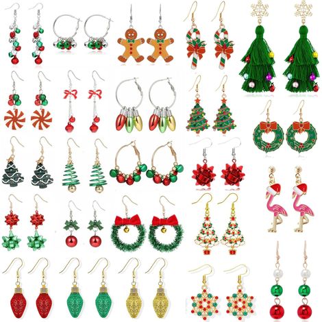 24 paires de boucles d'oreilles de Noël, boucles d'oreilles pendantes de Noël pour femmes, ensemble de boucles d'oreilles avec nœud, sapin, cloche et lampe, idéal pour les achats en gros, un cadeau de (1/5)