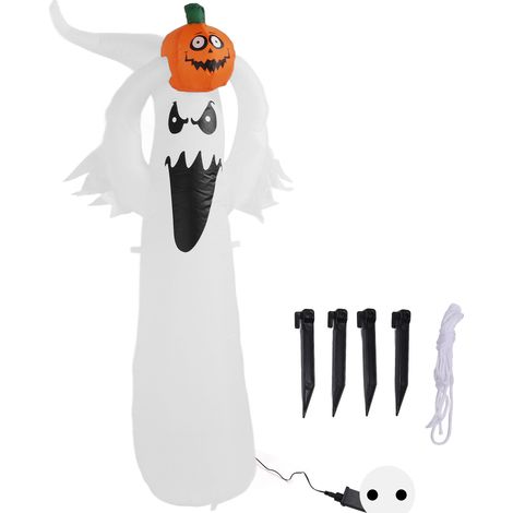 Aufblasbarer Halloween-Geist (1,8 m) mit LED-Beleuchtung für Garten und Rasen – Kürbiskopf und weißer Geist – EU-Stecker (1/4)