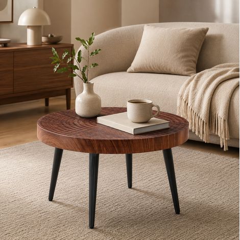 Runder Couchtisch 60 x 60 x 37 cm, dunkler Nussbaum, schwarze Metallbeine, kompakt, MDF MEUBLIV (1/5)
