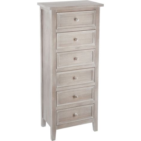Chiffonnier 6 tiroirs en bois blanchi – Dimensions L. 45 x P. 30 x H. 113 cm – Style romantique pour chambre ou bureau – Mobea (1/3)