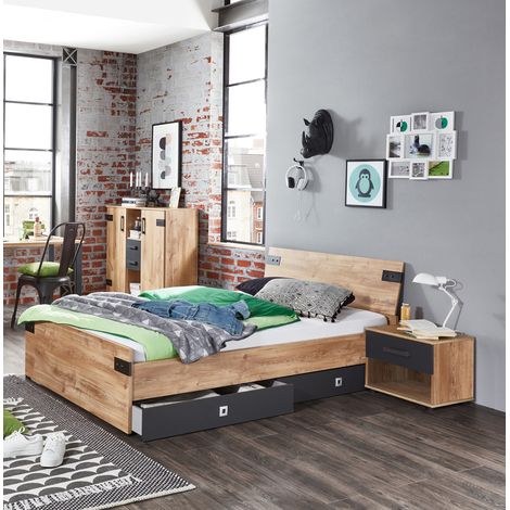 Pegane – Ensemble chambre complète enfant/adolescent imitation chêne – Lit 90 x 200 cm avec 2 tiroirs – Chevet et commode inclus