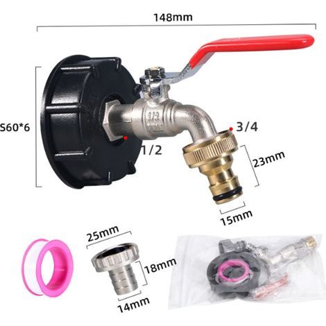 Robinet de réservoir d\'eau de 1000 litres (L), robinet universel pour raccord de tuyau de 1/2 pouce, sortie de vanne à bille IBC, adaptateur pour robinet de tuyau de jardin (1/5)