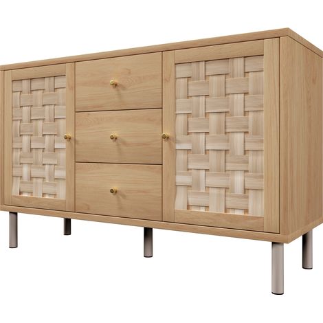 Kommode Landhausstil 120 x 40 x 75 cm Eicheffekt, 2 Türen, 3 Schubladen, MDF und Metall (1/5)