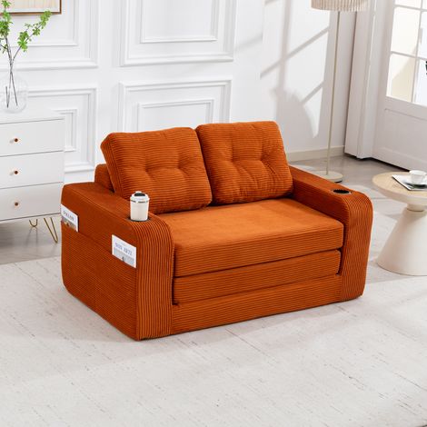 Canapé convertible en velours côtelé canapé relax 2 places 136 cm avec porte-gobelets et poches, orange