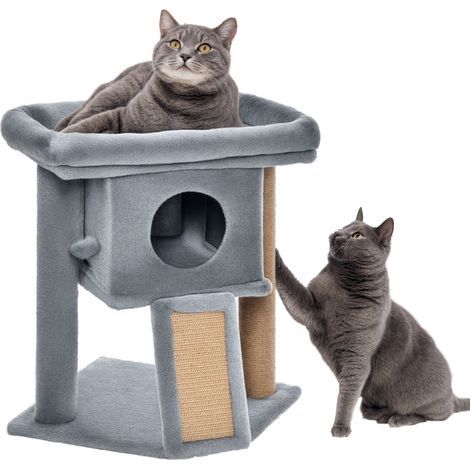 Katzenbaum, 57 cm hoch, mit Kratzstamm aus Jute, Versteck, Plattform und Spielball, aus hellgrauem Plüschstoff (1/5)