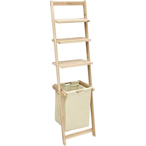 SCAFFALE INCLINATO A 3 PIANI CON PORTABIANCHERIA 41X30X151 CM LEGNO E BIANCO (1/2)