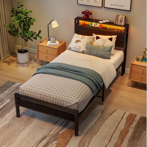 Bett 90x200 cm schwarz aus MDF und Metall mit Stauraum, USB-Anschluss und LED-Beleuchtung (1/5)