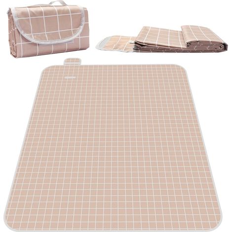 Couverture de Pique-Nique,150 x 200 cm, Imperméable Pliable en Tissu Oxford avec Poignée de Transport, Légère et Portable pour Plage, Parc, Camping et Randonnée (Marron Clair) (1/5)