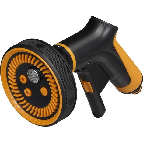 Pistola de riego Fiskars multifunción negra y naranja