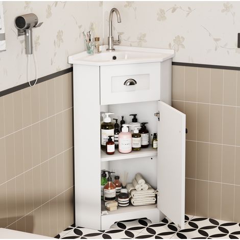 Meuble sous vasque 59x42,5x90,5 cm en MDF blanc, gain de place pour salle de bain FloraGrace (1/5)