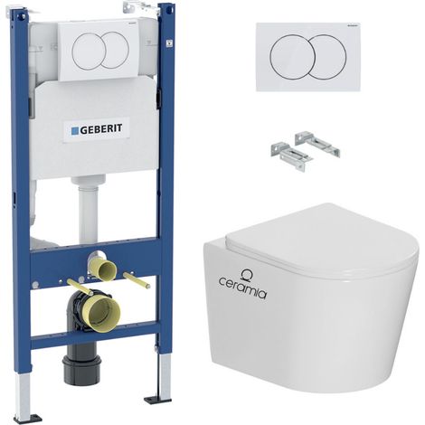 Geberit – Pack WC bâti-support Duofix 112cm – WC suspendu Ceramia Vortex rimless – Abattant SoftClose – Plaque blanche – CETORGEB3 (1/5)