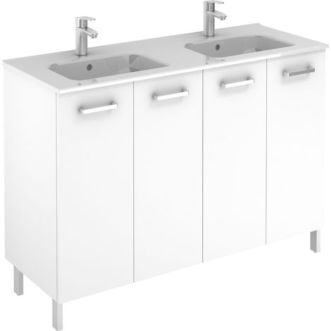 Meuble 4 portes Ancoflash Color avec plan double vasque céramique - Anconetti - Blanc - 120cm (1/3)