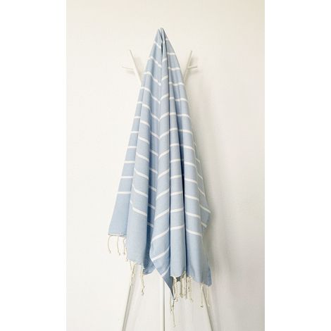Fouta 100x200 bleu brise rayures blanches - 100% coton - franges