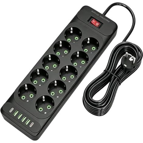 Multiprise avec USB C 2M, Bloc Multiprise 10 Prises avec USB C, Multiprise 10 Prises avec Protection Contre Les Surtensions, Bloc Prise avec Interrupteur pour Maison (1/5)