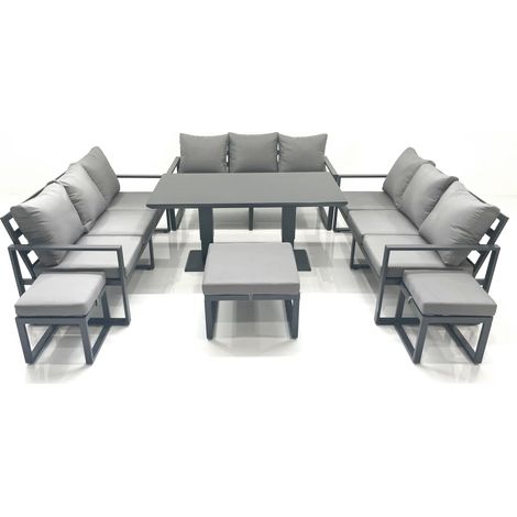 Fimous 12 Seater Garden Sofa Set Aluminium Furniture Rising Dining Tabe Set wth 3 Footstools Dark Grey (1/5)