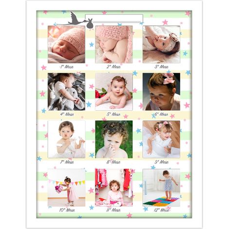 Portafoto da parete Multiplo ESSENTIAL BABY WHITE 30x40 cm Newborn, Cornice per collage di 12 foto mensili per primo anno neonato (1/4)