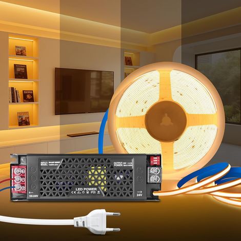 Ruban LED COB 5M, DC 24V Bande LED Blanc Chaud 3000K avec Transformateur 220V 24V 100W Alimentation Réglable, Adhésif Bandeau Lumineuse COB Dimmable pour Chambre, Décoration de la Maison (1/5)