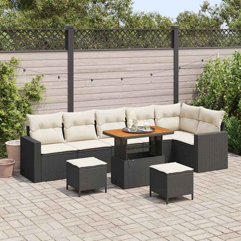 Ensemble de Jardin 3 Pièces (Table + 2 Fauteuils) en Résine Tressée Noir avec Coussins et Verre Trempé 80x80cm (1/5)