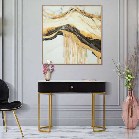 Konsole Marsa, ein Regal, Marmor-Effekt-Platte mit 1 Schublade, Strukturmaterial Stoff, 100x43x74h cm gold (1/5)