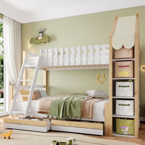 Lit superposé 90x200cm + 140x200cm - avec échelle - 2 tiroirs - avec étagère - blanc + naturel (matelas non inclus) (1/5)