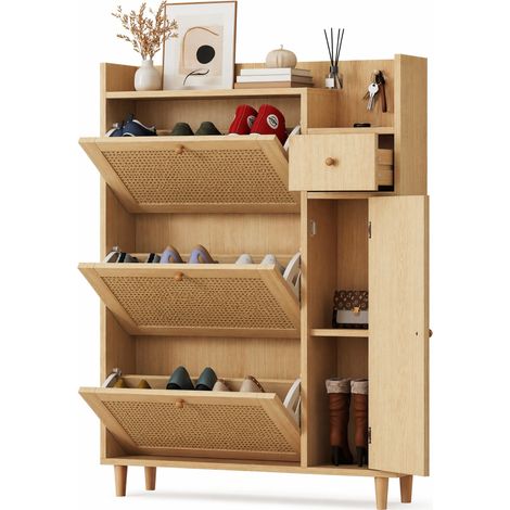Scarpiera stretta in MDF con 3 ante a ribalta, 1 cassetto e piedi in legno, finitura naturale effetto rattan per ingresso e piccoli spazi  CHICFURN (1/5)
