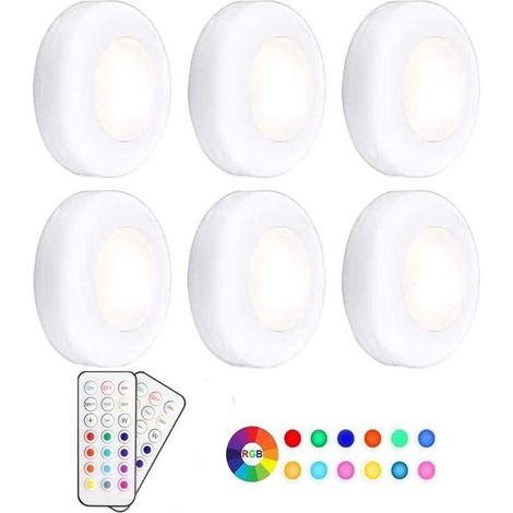 Lampe de Placard/Armoire, Lampe LED Veilleuse RGB 13 couleurs sans fil, d'atténuation de luminosité avec télécommande alimentée par batterie, paquet de 6 [Classe énergétique A+]