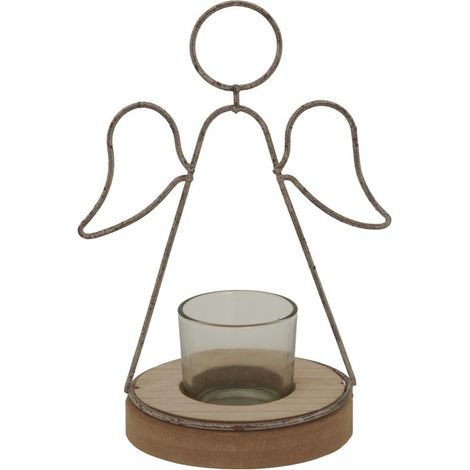 Rustic Outline Angel Tealight on Stand with Glass Votive - Metal - L9 x W13 x H19 cm - Brown